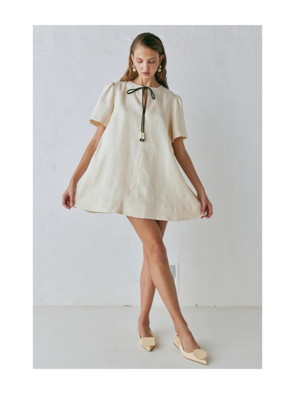 Cream Short-Sleeve Mini Dress with Tie Neck
